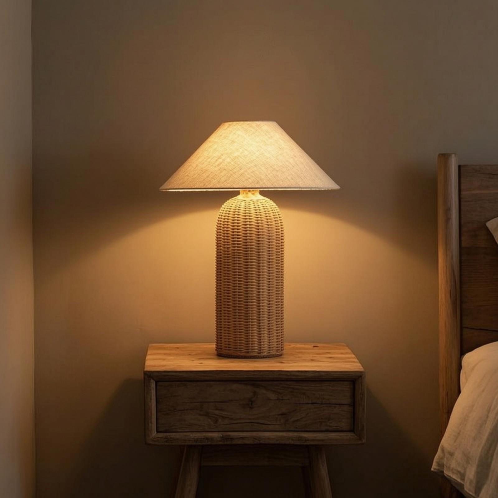 Bedroom Furniture - Nachttischlampe mit Rattanfuß und Stoffschirm, Dekorative