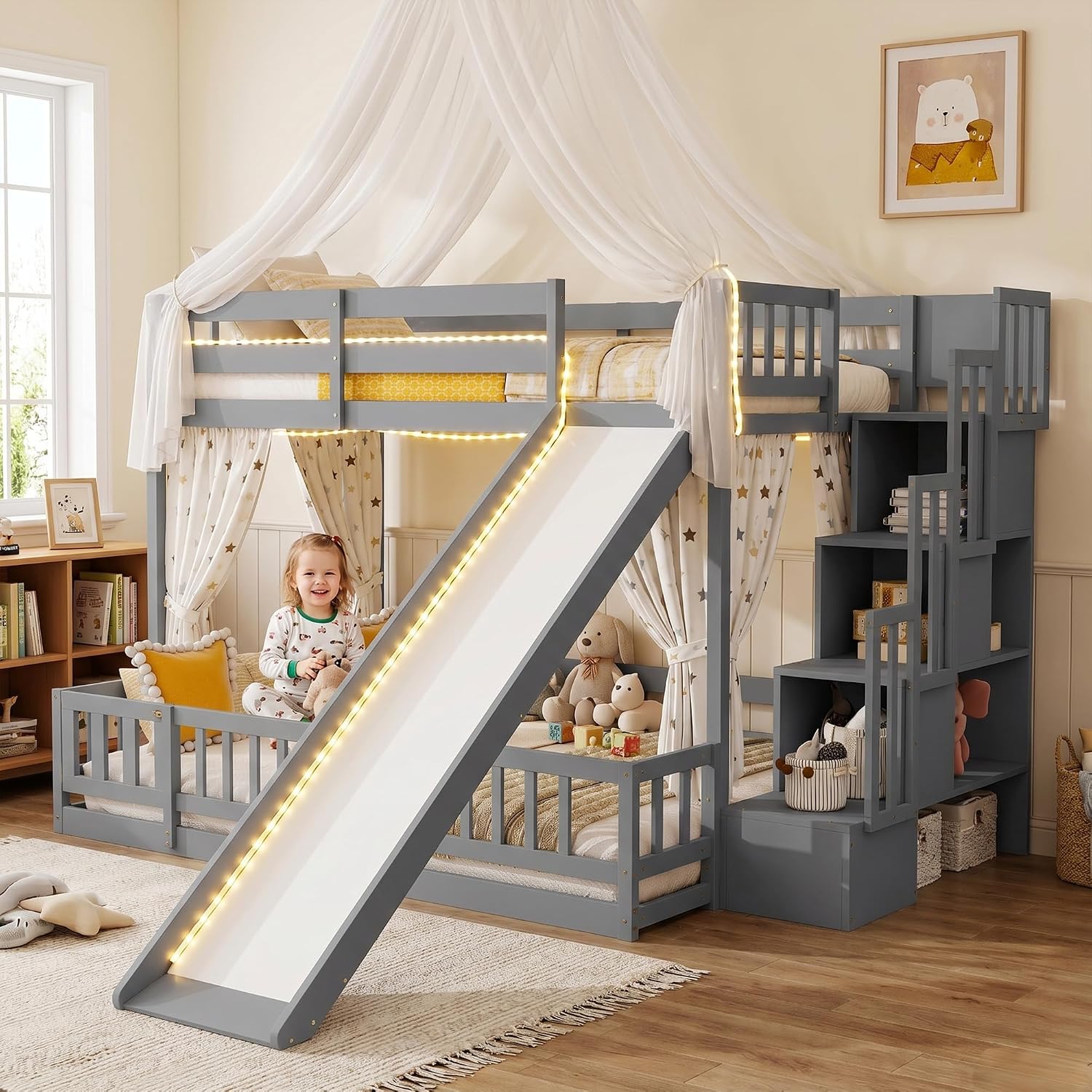 Bunk Bed With Stairs And Slide - Etagenbett mit niedrigem Holzrahmen, Rutschen und
